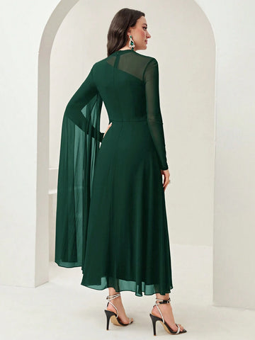 Women's Round Neck Long Sleeve Mesh Contrast Ruffle Maxi Elegant Dress