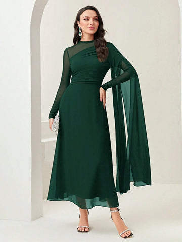 Women's Round Neck Long Sleeve Mesh Contrast Ruffle Maxi Elegant Dress