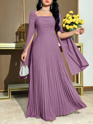 Women's Square Neck Solid Color Pleated Split Long Sleeve Elegant Dress