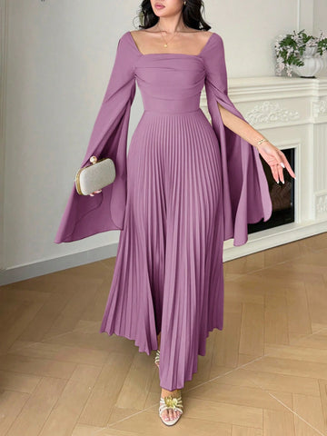 Women's Square Neck Solid Color Pleated Split Long Sleeve Elegant Dress
