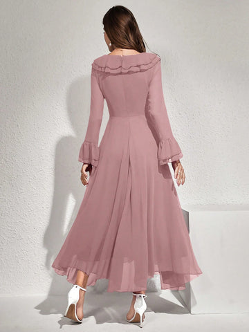 Modelyn Women Elegant Solid Color Flare Sleeve Ruffle Hem Dress