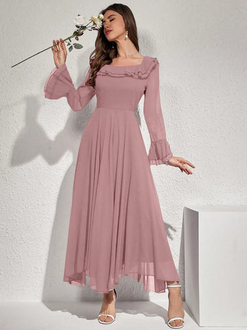 Modelyn Women Elegant Solid Color Flare Sleeve Ruffle Hem Dress