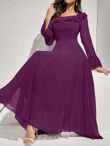 Modelyn Women Elegant Solid Color Flare Sleeve Ruffle Hem Dress
