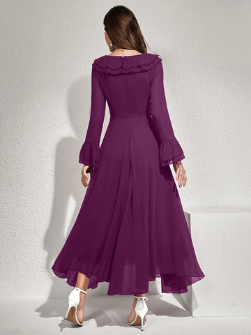 Modelyn Women Elegant Solid Color Flare Sleeve Ruffle Hem Dress