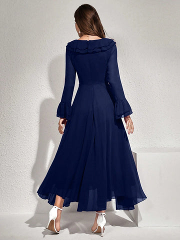 Modelyn Women Elegant Solid Color Flare Sleeve Ruffle Hem Dress