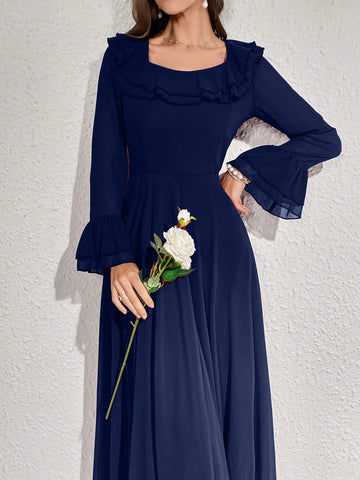 Modelyn Women Elegant Solid Color Flare Sleeve Ruffle Hem Dress