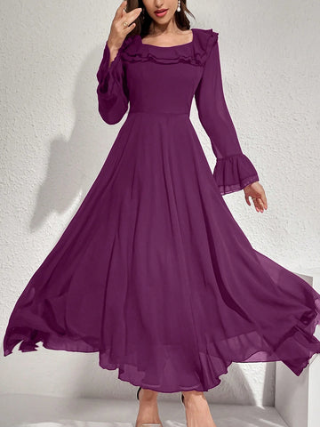 Modelyn Women Elegant Solid Color Flare Sleeve Ruffle Hem Dress