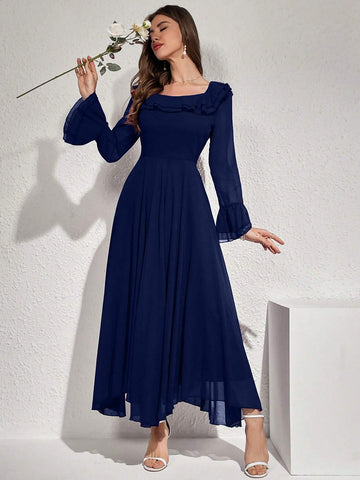 Modelyn Women Elegant Solid Color Flare Sleeve Ruffle Hem Dress