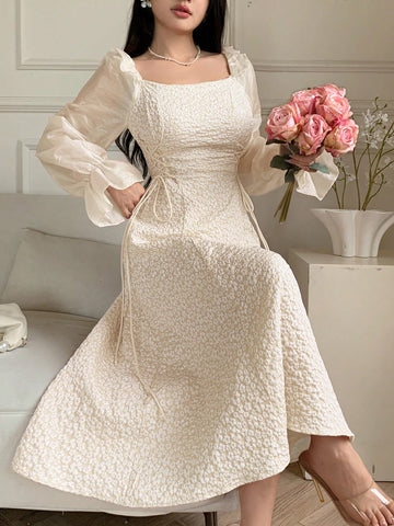 Feyla Women's Solid Color Square Neck Ruffle Hem Long Sleeve Dress