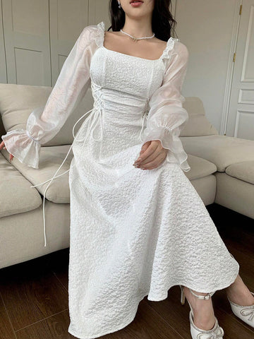Feyla Women's Solid Color Square Neck Ruffle Hem Long Sleeve Dress