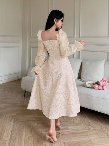 Feyla Women's Solid Color Square Neck Ruffle Hem Long Sleeve Dress