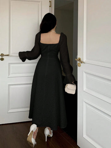 Feyla Women's Solid Color Square Neck Ruffle Hem Long Sleeve Dress