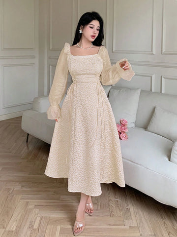 Feyla Women's Solid Color Square Neck Ruffle Hem Long Sleeve Dress
