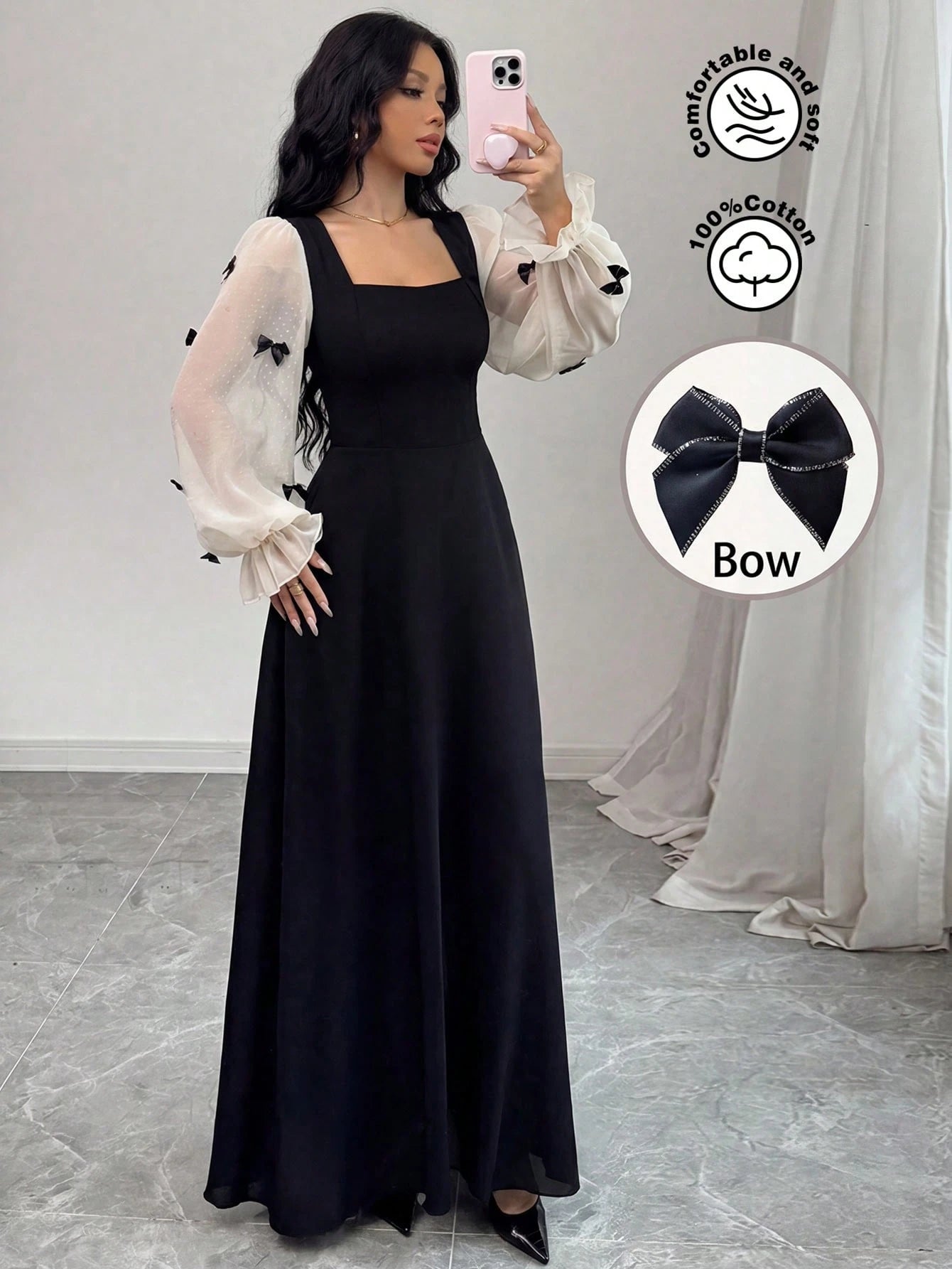 Women Mixed Fabric Bowknot Decor 3D Floral Cinched Waist Woven Dress –  topshopscrew