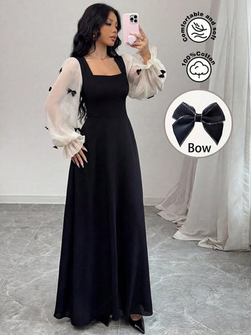 Women Mixed Fabric Bowknot Decor 3D Floral Cinched Waist Woven Dress