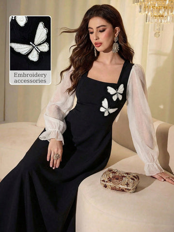 Women Mixed Fabric Bowknot Decor 3D Floral Cinched Waist Woven Dress