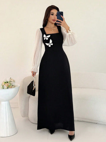 Women Mixed Fabric Bowknot Decor 3D Floral Cinched Waist Woven Dress