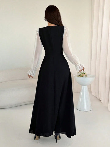 Women Mixed Fabric Bowknot Decor 3D Floral Cinched Waist Woven Dress