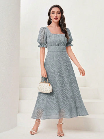 Modelyn Square Neck Puff Sleeve Mesh Overlay Dress Long