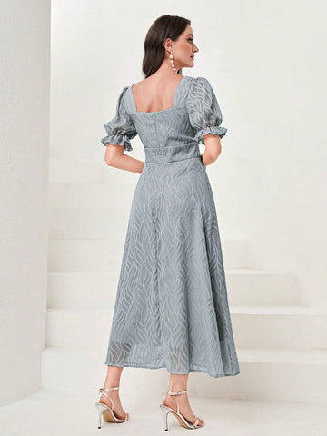 Modelyn Square Neck Puff Sleeve Mesh Overlay Dress Long