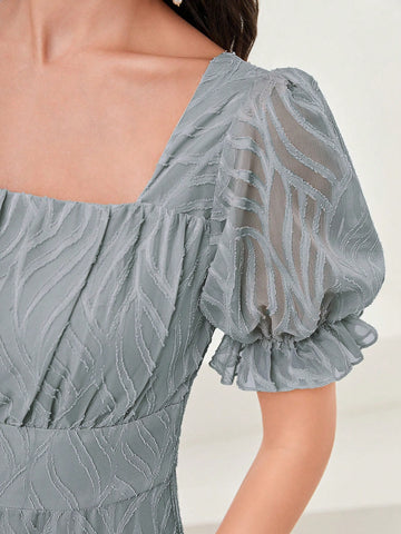 Modelyn Square Neck Puff Sleeve Mesh Overlay Dress Long