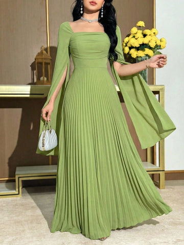 Women's Square Neck Solid Color Pleated Split Long Sleeve Elegant Dress