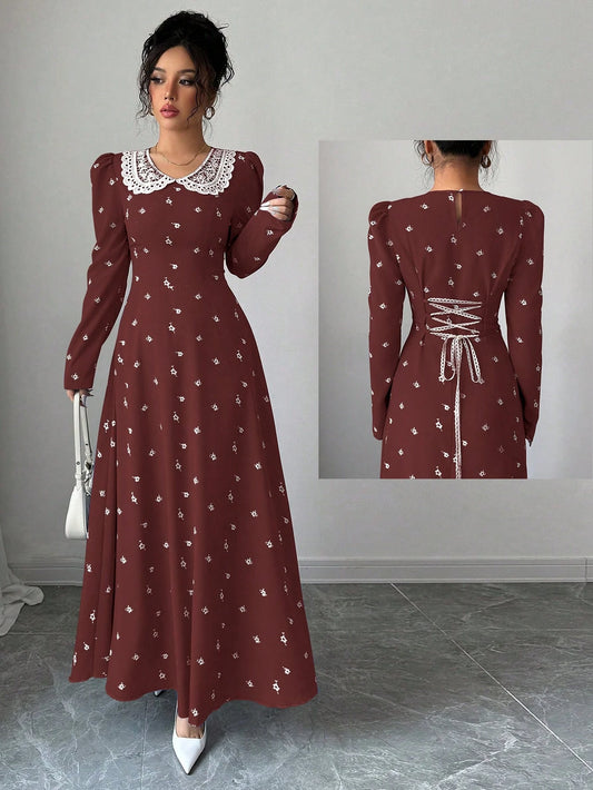 Woven Patchwork Collar Long Sleeve A-Line Belted Elegant Country Style Dress