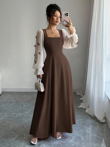 Women Mixed Fabric Bowknot Decor 3D Floral Cinched Waist Woven Dress