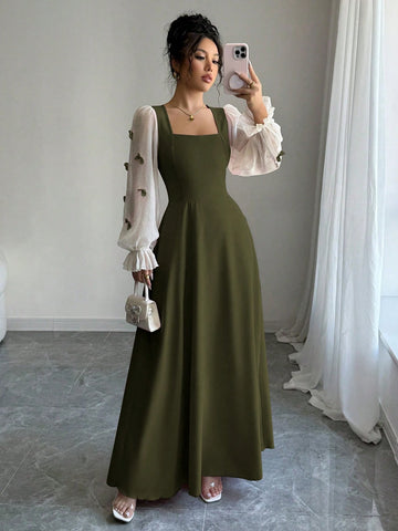 Women Mixed Fabric Bowknot Decor 3D Floral Cinched Waist Woven Dress
