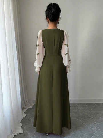 Women Mixed Fabric Bowknot Decor 3D Floral Cinched Waist Woven Dress