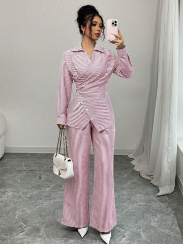 Modelyn 2pcs Women's Woven Striped Blue Tie Front Cardigan And Long Sleeve Top