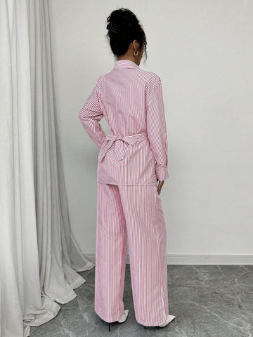 Modelyn 2pcs Women's Woven Striped Blue Tie Front Cardigan And Long Sleeve Top