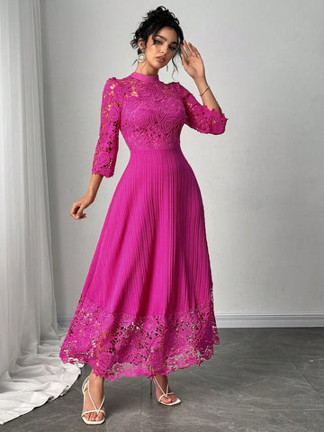 Modelyn Eyelet Embroidery Patchwork Flowy Long Sleeve Dress