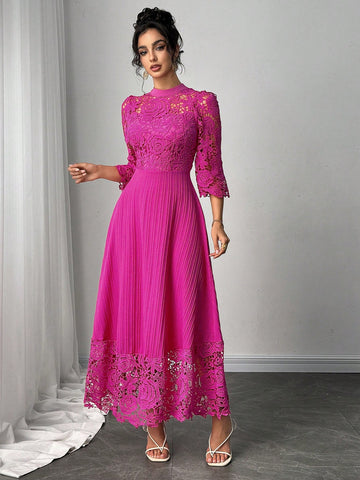 Modelyn Eyelet Embroidery Patchwork Flowy Long Sleeve Dress