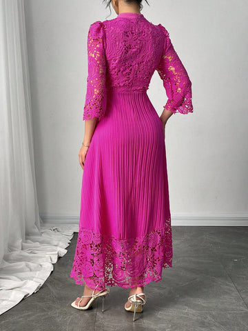 Modelyn Eyelet Embroidery Patchwork Flowy Long Sleeve Dress