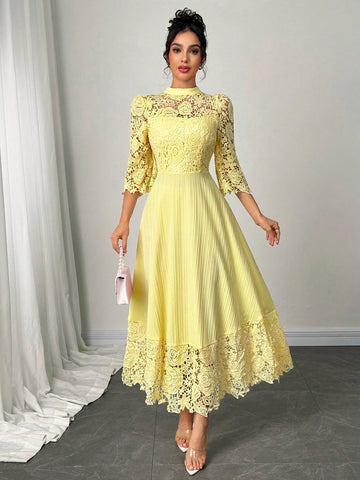 Modelyn Eyelet Embroidery Patchwork Flowy Long Sleeve Dress
