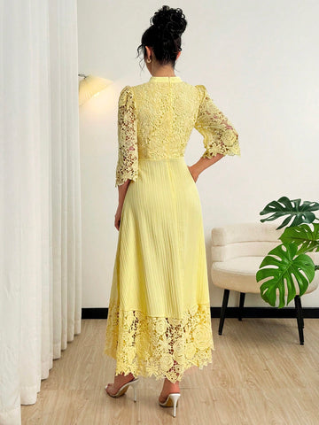 Modelyn Eyelet Embroidery Patchwork Flowy Long Sleeve Dress