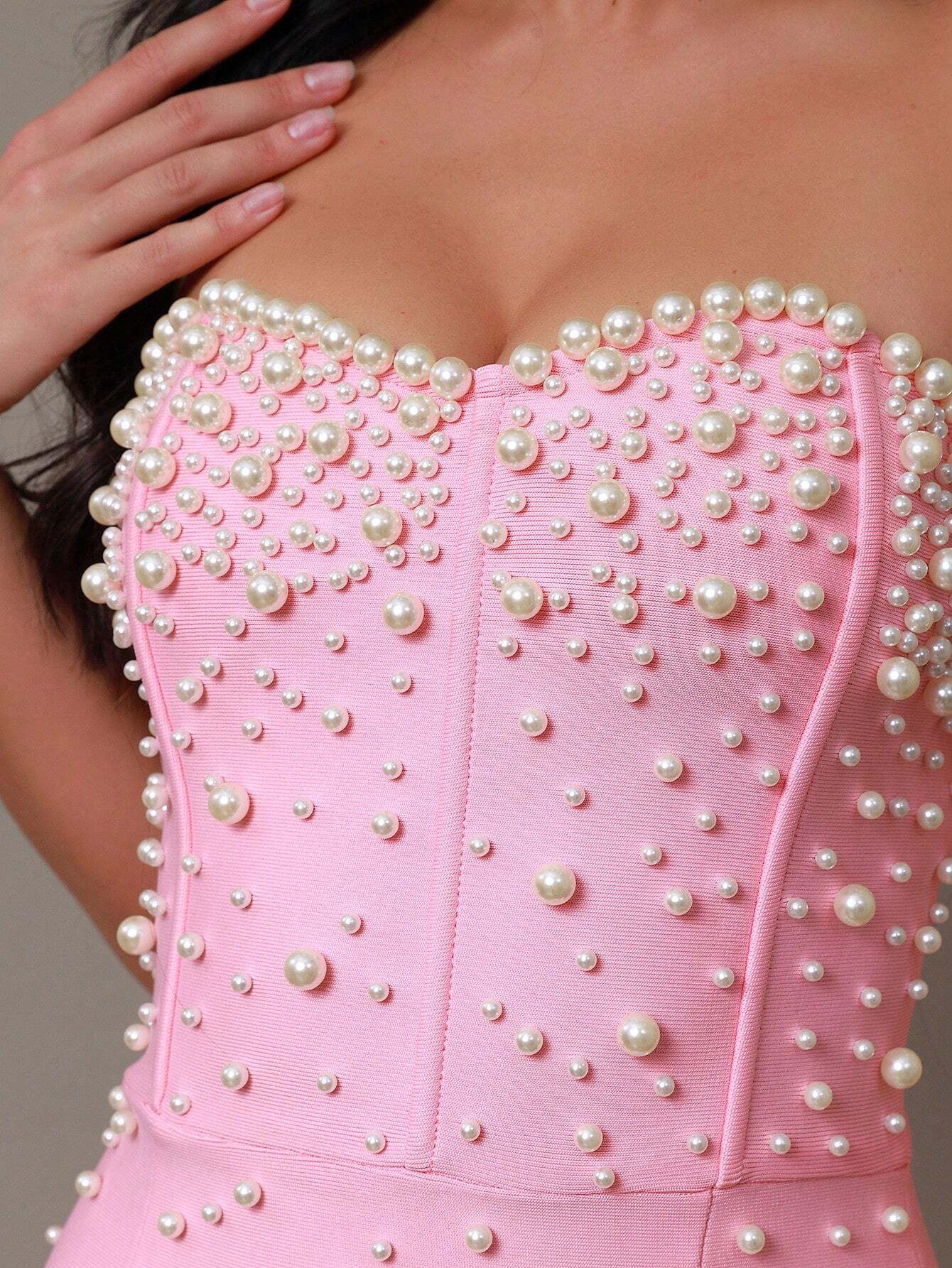 Modphy New Arrival Women's Sexy Pink Strapless Pearls & Beads Embellished Mermaid Dress