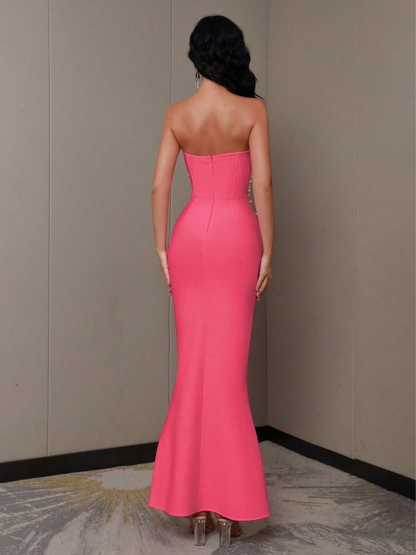 Modphy New Arrival Women's Sexy Pink Strapless Pearls & Beads Embellished Mermaid Dress