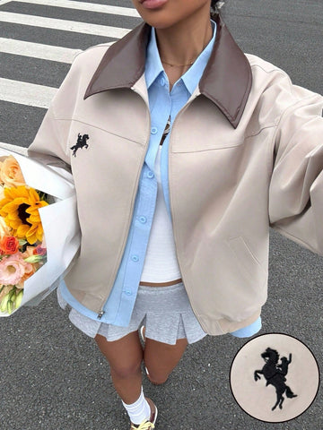 Women's Casual Color Block Collar Jacket