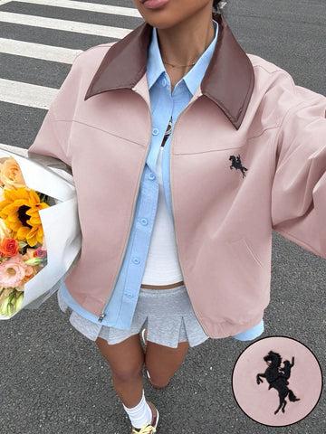 Women's Casual Color Block Collar Jacket