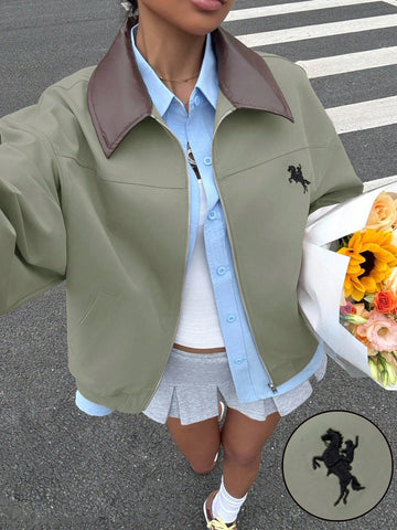 Women's Casual Color Block Collar Jacket