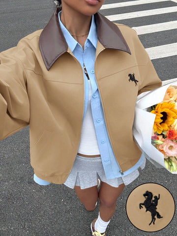 Women's Casual Color Block Collar Jacket