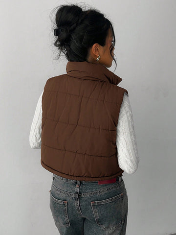 Zip Up Double Face Snap Button Corduroy Drawstring Vest Coat