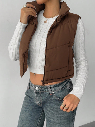 Zip Up Double Face Snap Button Corduroy Drawstring Vest Coat