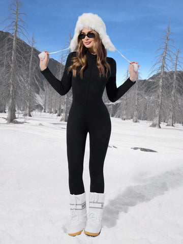 Women's Casual Tight Fit Thermal Lined Thick Warm Long Sleeve Jumpsuit