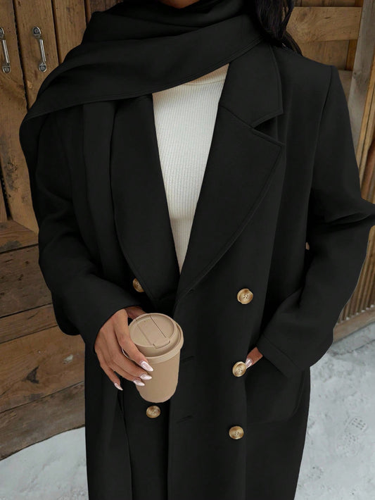EZwear Women's Winter Double-Breasted Long Overcoat With Scarf Design