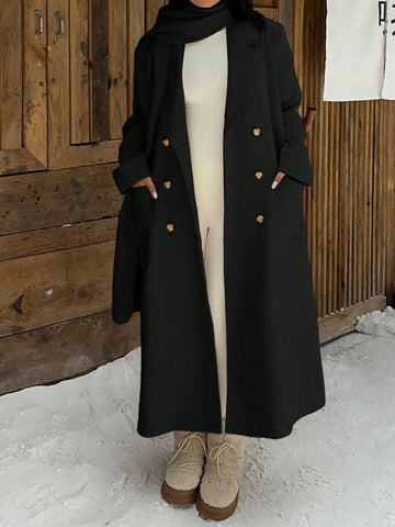 EZwear Women's Winter Double-Breasted Long Overcoat With Scarf Design