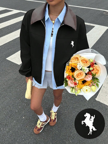 Women's Casual Color Block Collar Jacket