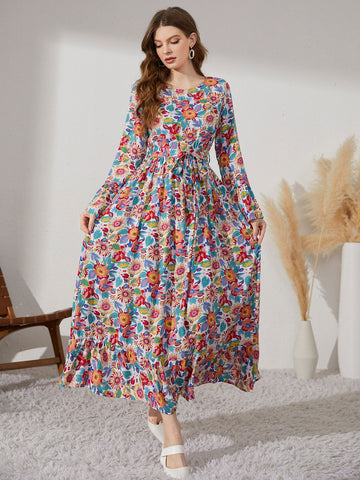 Mulvari Allover Floral Print Belted Dress